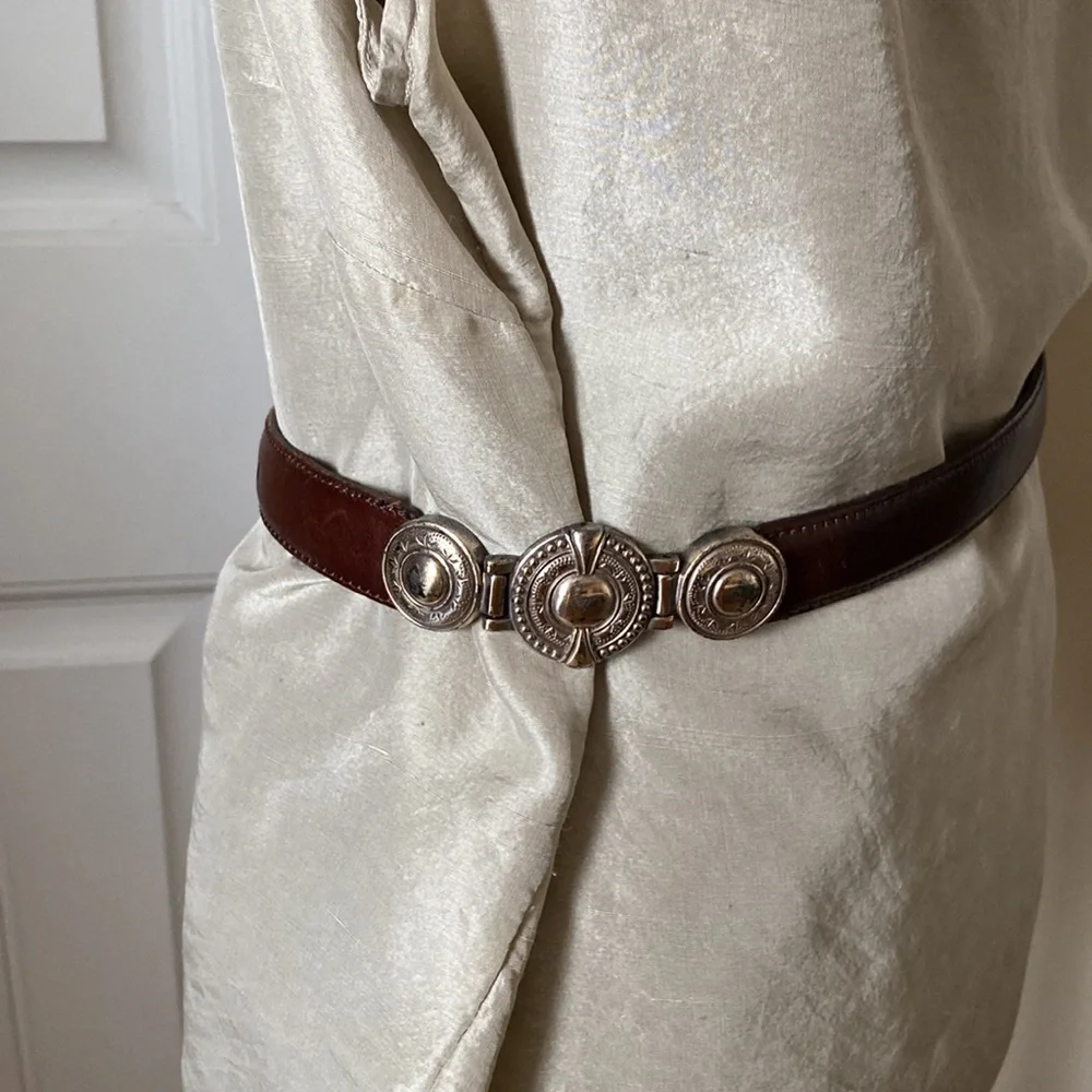 Fossil Brown Leather Belt with Silver buckle and medallions Size - Small